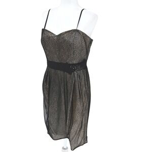 Y2K Max and Cleo Black Gold Lace Overlay Cocktail Dress 12 Beaded Bow Waist Chic